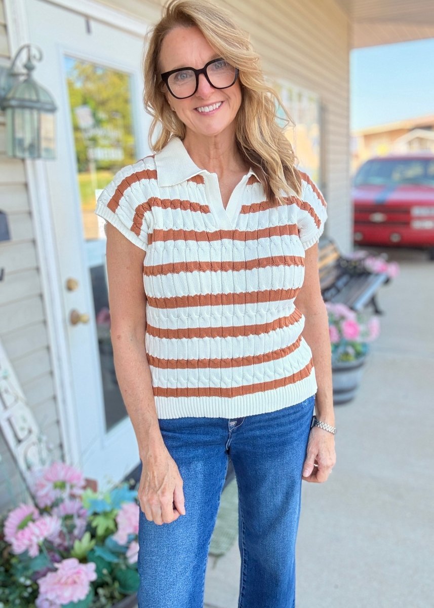 Textured Striped Collared Sweater Vest - Deep Camel - sweater -Jimberly's Boutique-Olive Branch-Mississippi