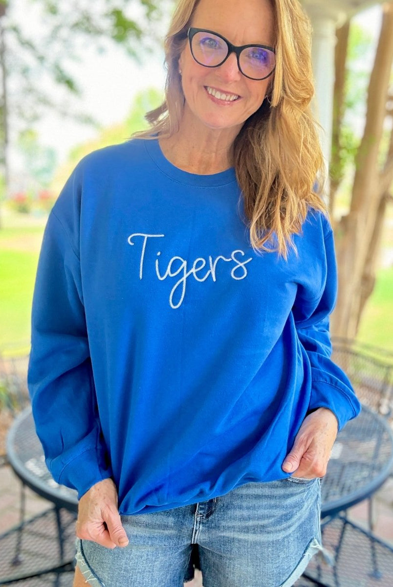 Tigers Chain Stitch Embroidered Sweatshirt - Blue w/White - Embroidered Sweatshirt - Jimberly's Boutique - Olive Branch - Mississippi