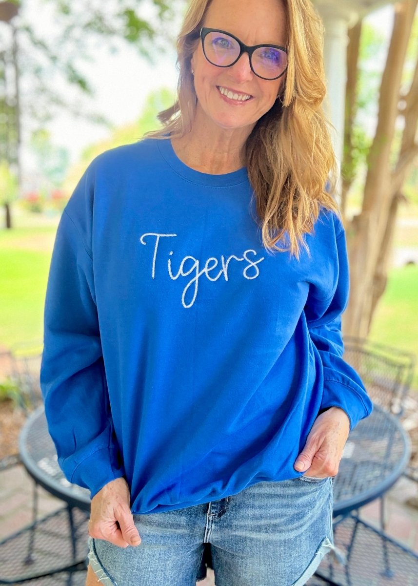 Tigers Chain Stitch Embroidered Sweatshirt - Blue w/White - Embroidered Sweatshirt - Jimberly's Boutique - Olive Branch - Mississippi