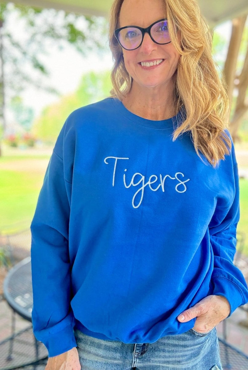 Tigers Chain Stitch Embroidered Sweatshirt - Blue w/White - Embroidered Sweatshirt - Jimberly's Boutique - Olive Branch - Mississippi