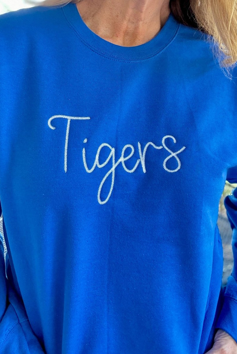 Tigers Chain Stitch Embroidered Sweatshirt - Blue w/White - Embroidered Sweatshirt - Jimberly's Boutique - Olive Branch - Mississippi
