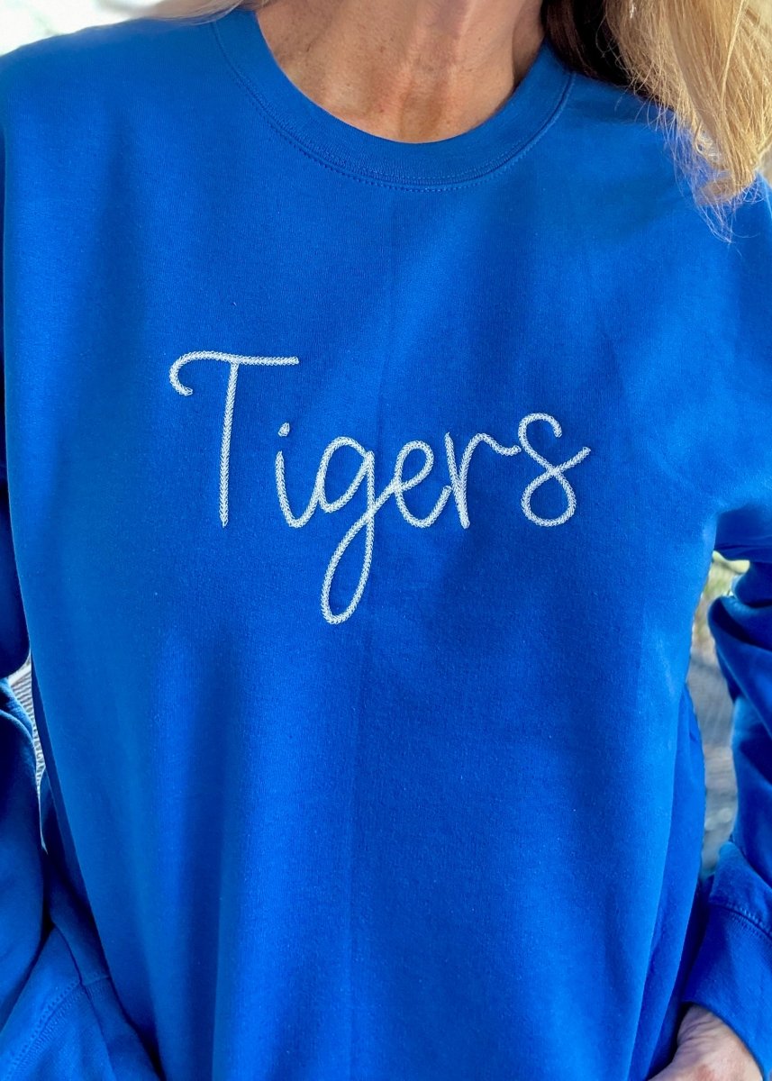 Tigers Chain Stitch Embroidered Sweatshirt - Blue w/White - Embroidered Sweatshirt - Jimberly's Boutique - Olive Branch - Mississippi