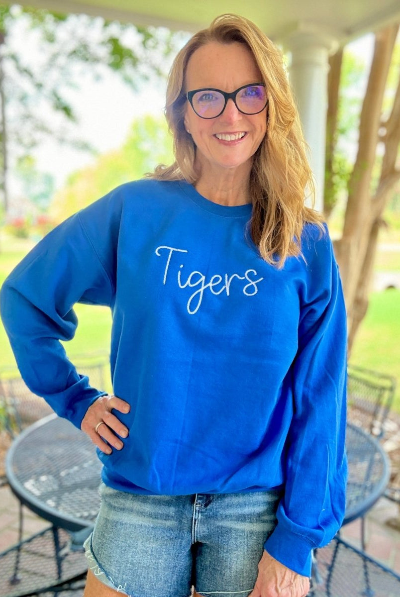 Tigers Chain Stitch Embroidered Sweatshirt - Blue w/White - Embroidered Sweatshirt - Jimberly's Boutique - Olive Branch - Mississippi