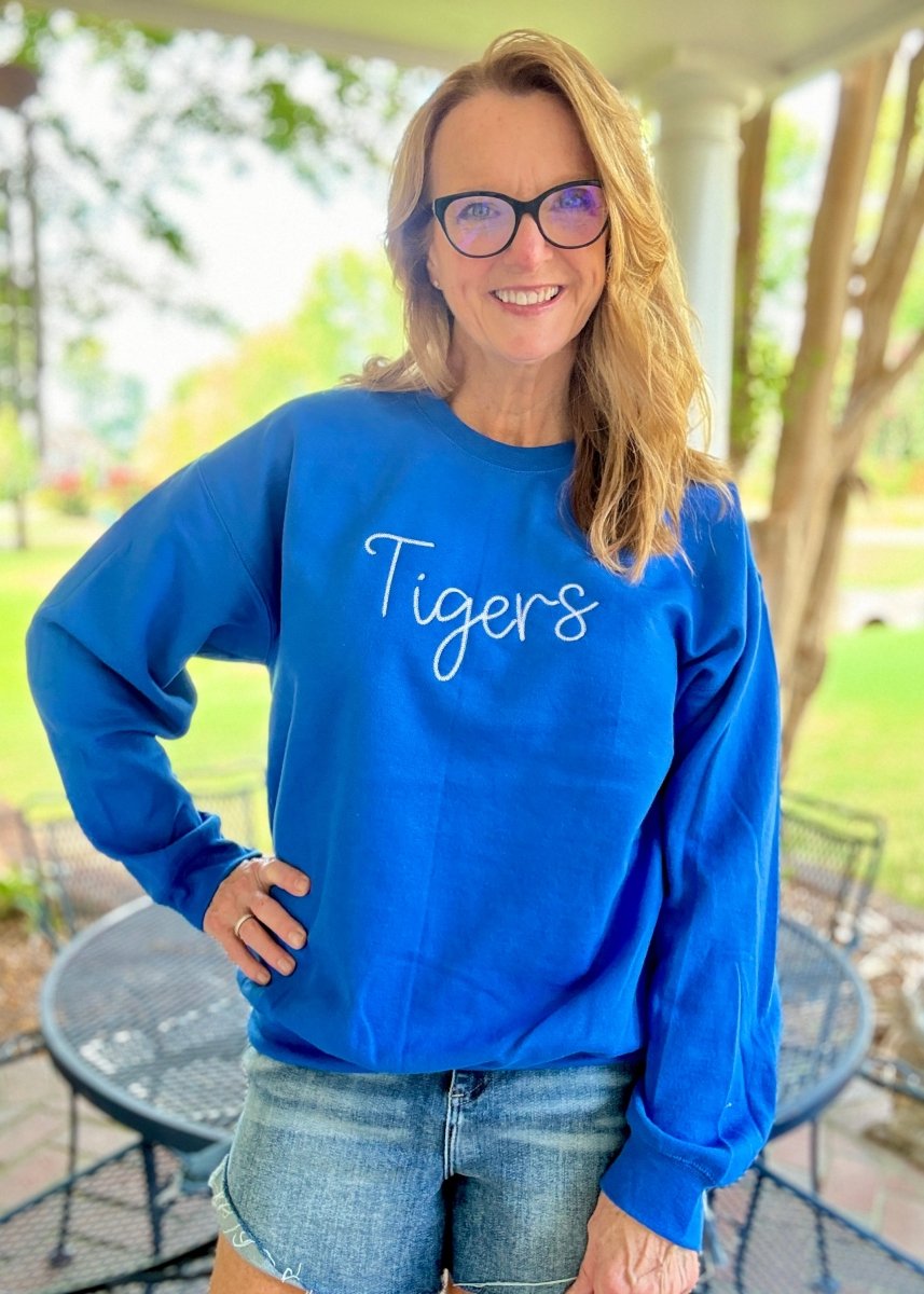 Tigers Chain Stitch Embroidered Sweatshirt - Blue w/White - Embroidered Sweatshirt - Jimberly's Boutique - Olive Branch - Mississippi