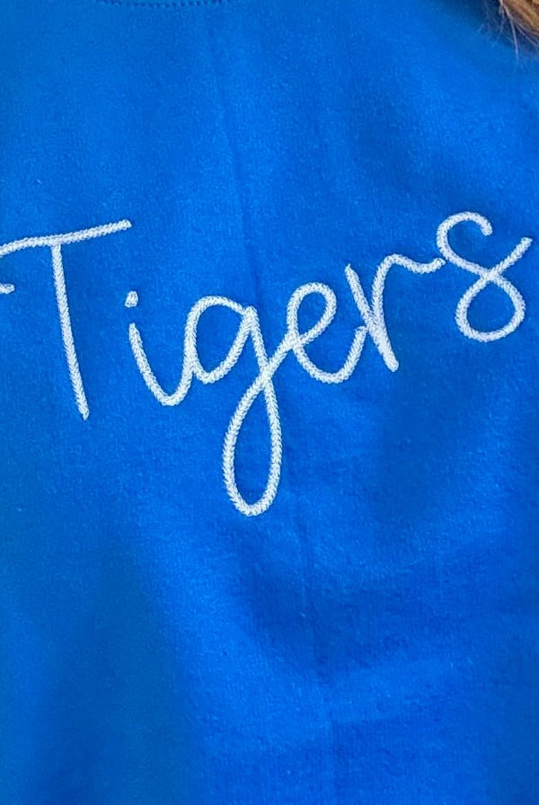 Tigers Chain Stitch Embroidered Sweatshirt - Blue w/White - Embroidered Sweatshirt - Jimberly's Boutique - Olive Branch - Mississippi