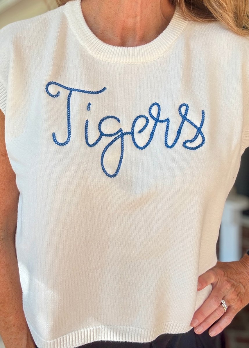 Tigers Embroidered Sweater Vest - Ivory w/Blue - gameday - Jimberly's Boutique - Olive Branch - Mississippi