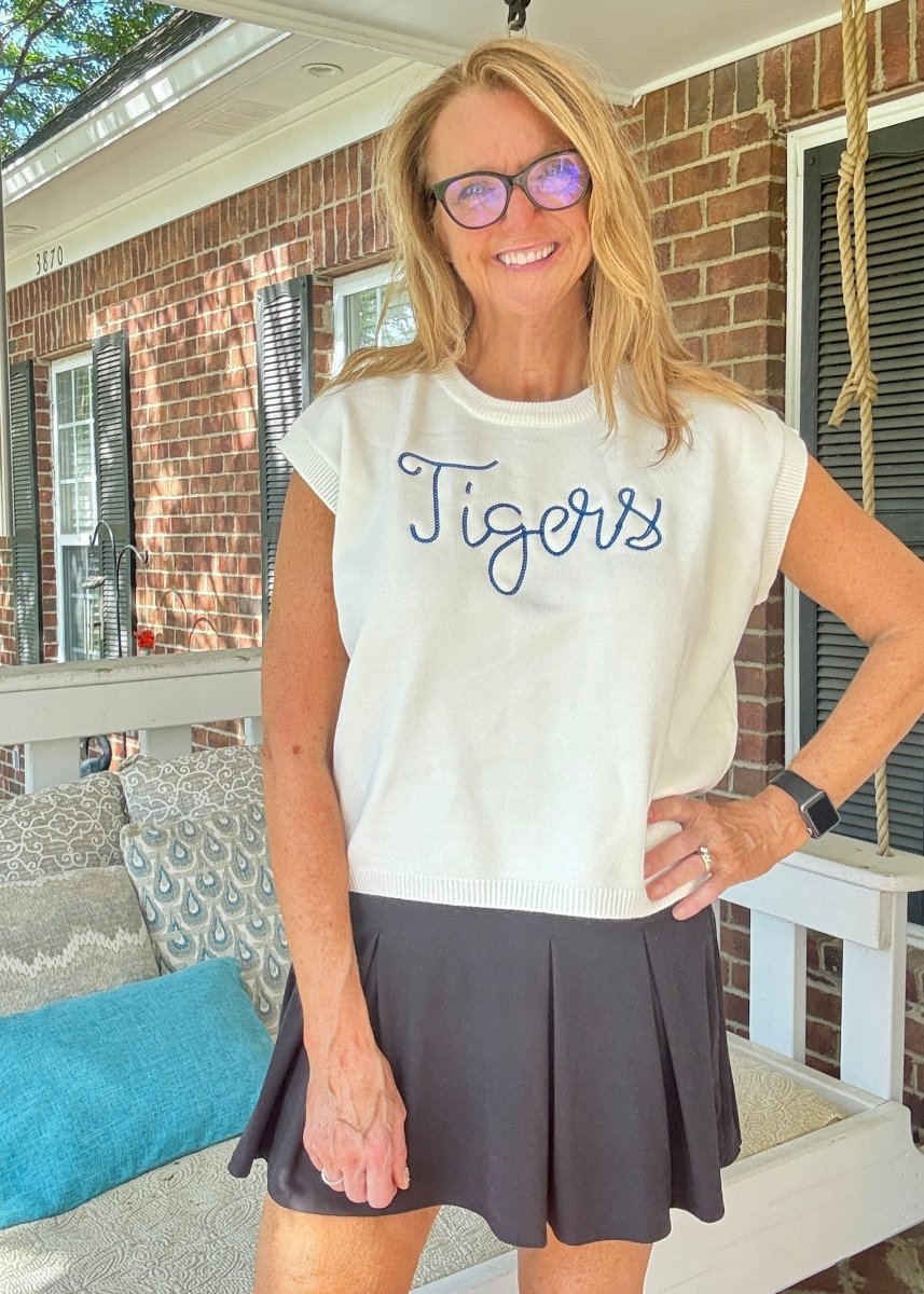 Tigers Embroidered Sweater Vest - Ivory w/Blue - gameday - Jimberly's Boutique - Olive Branch - Mississippi