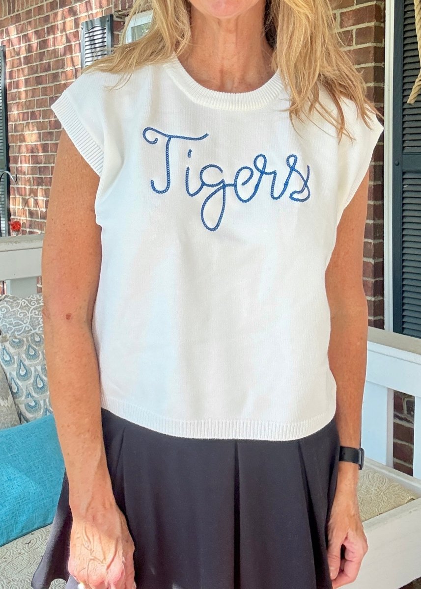 Tigers Embroidered Sweater Vest - Ivory w/Blue - gameday - Jimberly's Boutique - Olive Branch - Mississippi