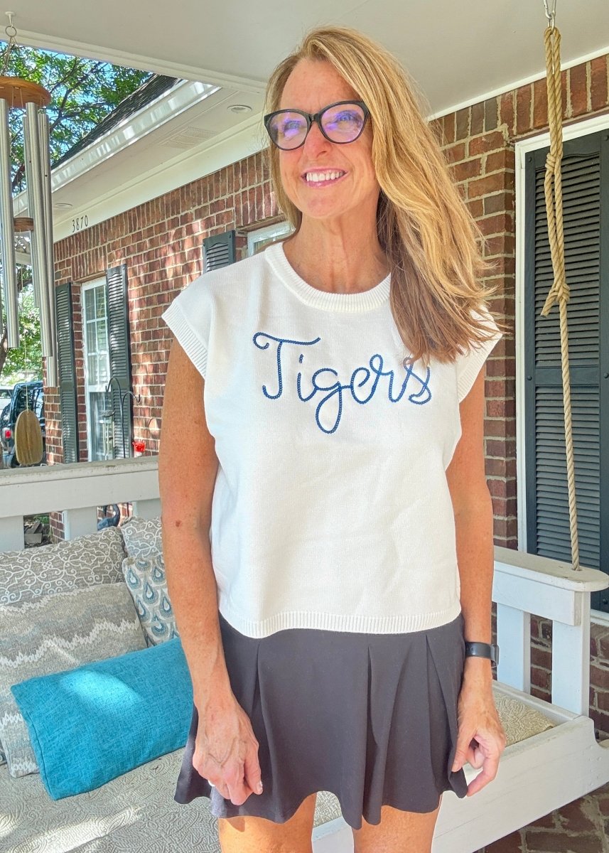 Tigers Embroidered Sweater Vest - Ivory w/Blue - gameday - Jimberly's Boutique - Olive Branch - Mississippi