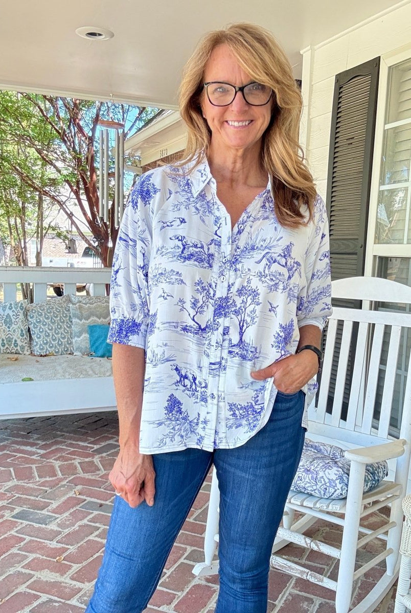 Toile Button Down Top - Blue | Umgee - Umgee Top - Jimberly's Boutique - Olive Branch - Mississippi