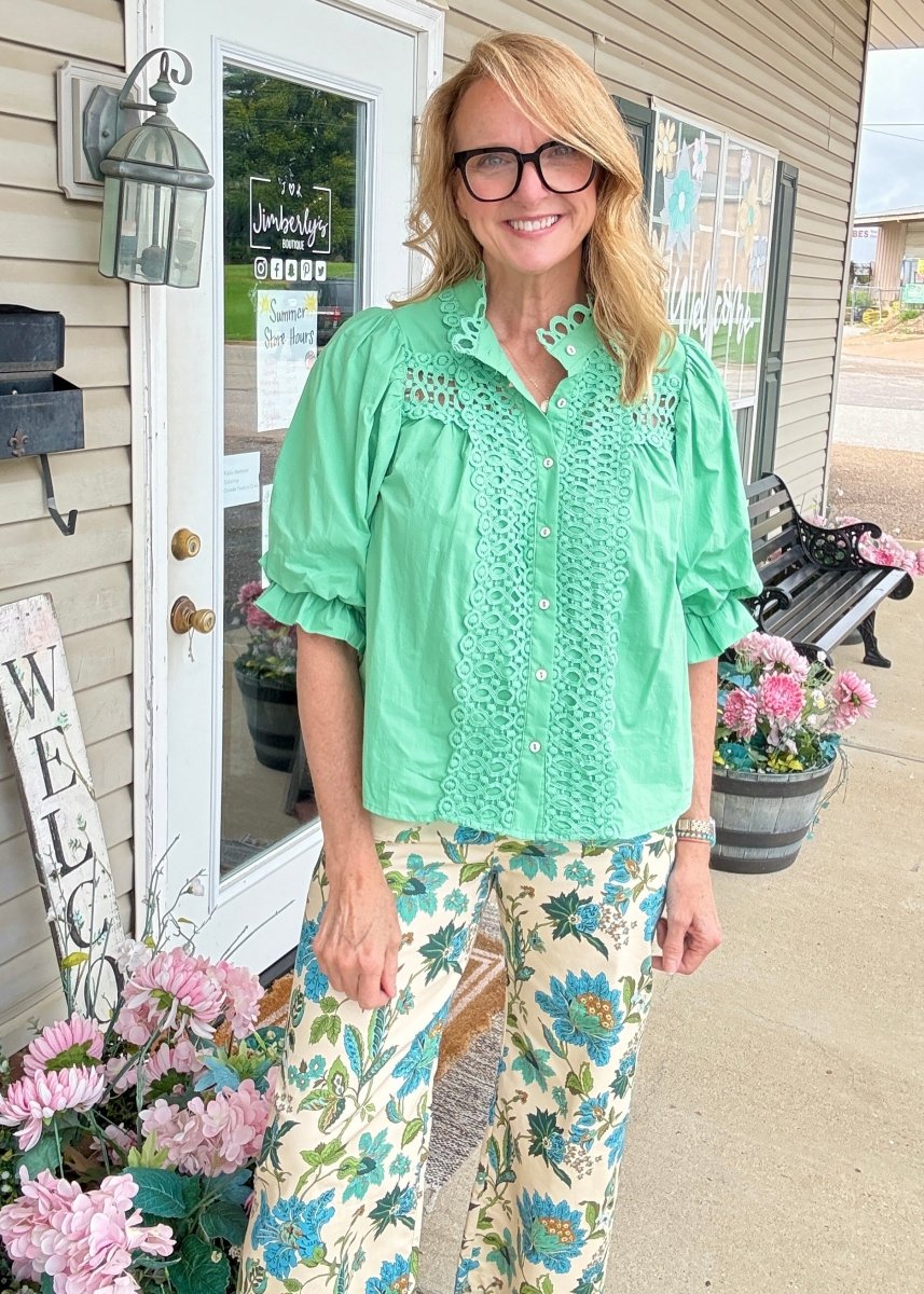 Trim Detail Button Down Blouse - Green - Jimberly's Boutique-Olive Branch-Mississippi