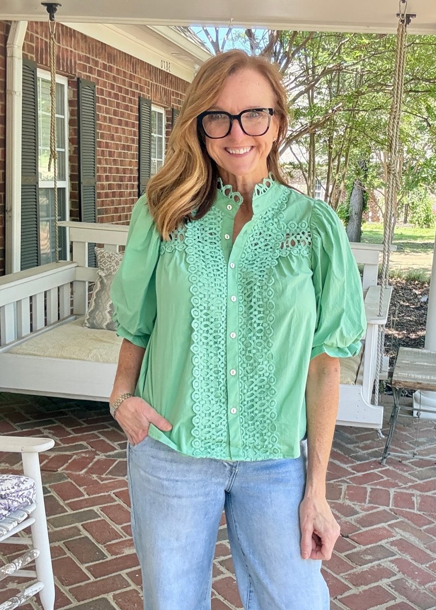 Trim Detail Button Down Blouse - Green - Jimberly's Boutique-Olive Branch-Mississippi