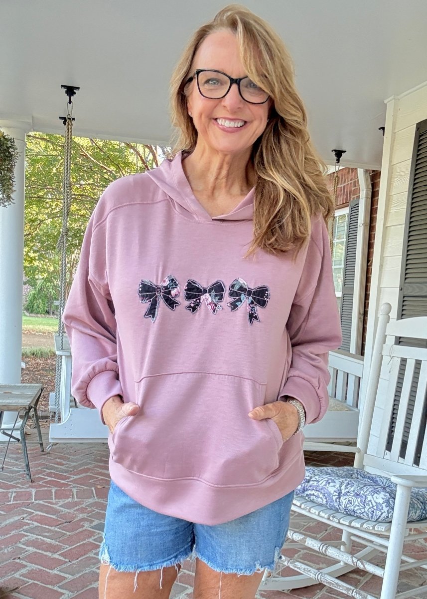 Triple Bow Applique' Hoodie - Mauve | Dear Scarlett - hoodie - Jimberly's Boutique - Olive Branch - Mississippi