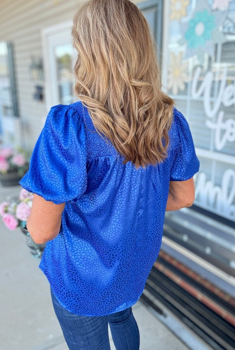 Umgee Smocked Animal Print Top - Cobalt - Shirts & Tops - Jimberly's Boutique - Olive Branch - Mississippi