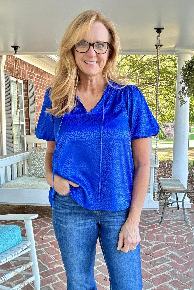 Umgee Smocked Animal Print Top - Cobalt - Shirts & Tops - Jimberly's Boutique - Olive Branch - Mississippi