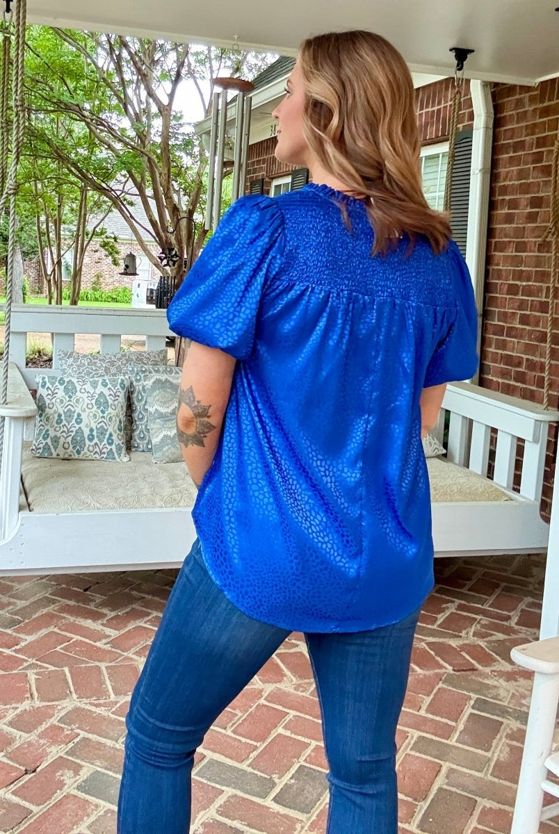 Umgee Smocked Animal Print Top - Cobalt - Shirts & Tops - Jimberly's Boutique - Olive Branch - Mississippi