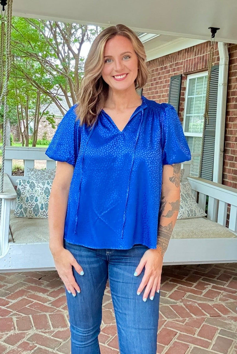 Umgee Smocked Animal Print Top - Cobalt - Shirts & Tops - Jimberly's Boutique - Olive Branch - Mississippi