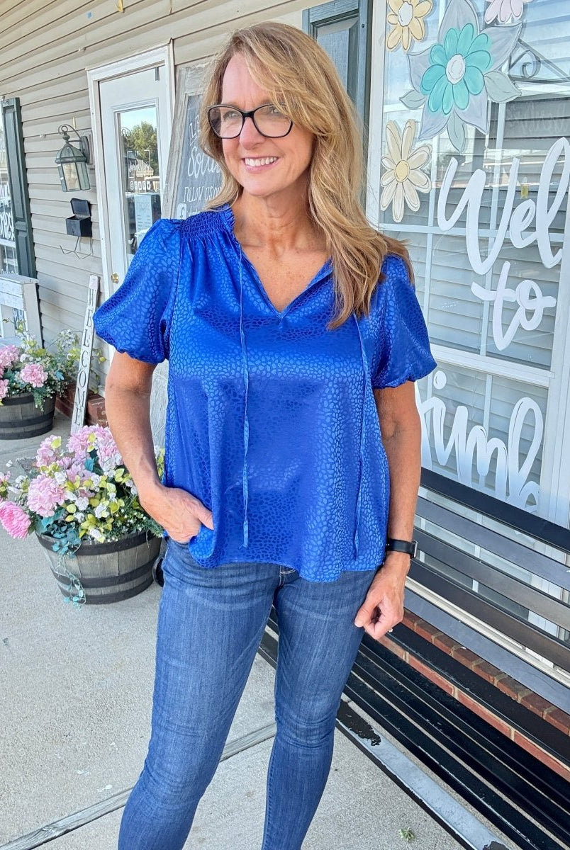 Umgee Smocked Animal Print Top - Cobalt - Shirts & Tops - Jimberly's Boutique - Olive Branch - Mississippi