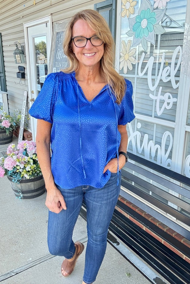 Umgee Smocked Animal Print Top - Cobalt - Shirts & Tops - Jimberly's Boutique - Olive Branch - Mississippi