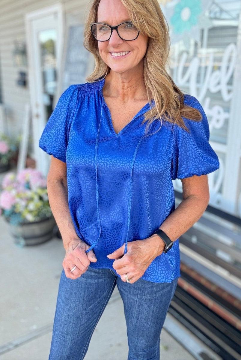 Umgee Smocked Animal Print Top - Cobalt - Shirts & Tops - Jimberly's Boutique - Olive Branch - Mississippi
