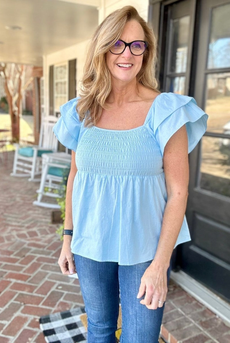 Umgee Smocked Ruffle Top - Sky Blue - -Jimberly's Boutique-Olive Branch-Mississippi