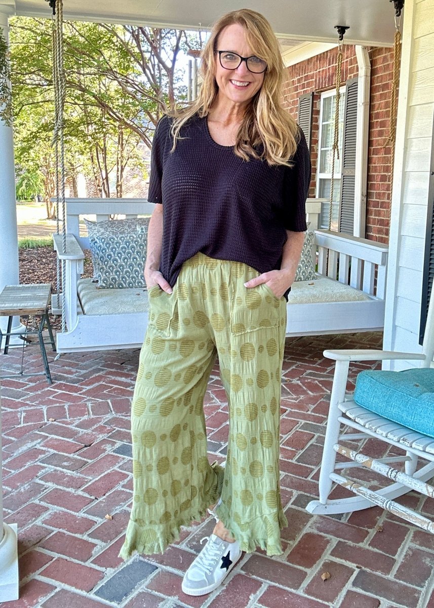 Umgee Solid Dotted Pants - Olive - pants - Jimberly's Boutique - Olive Branch - Mississippi