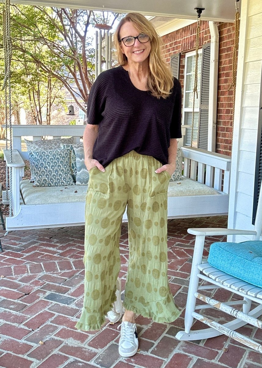 Umgee Solid Dotted Pants - Olive - pants - Jimberly's Boutique - Olive Branch - Mississippi