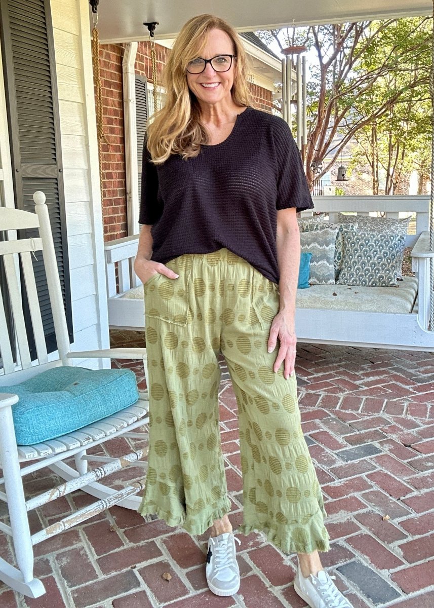 Umgee Solid Dotted Pants - Olive - pants - Jimberly's Boutique - Olive Branch - Mississippi