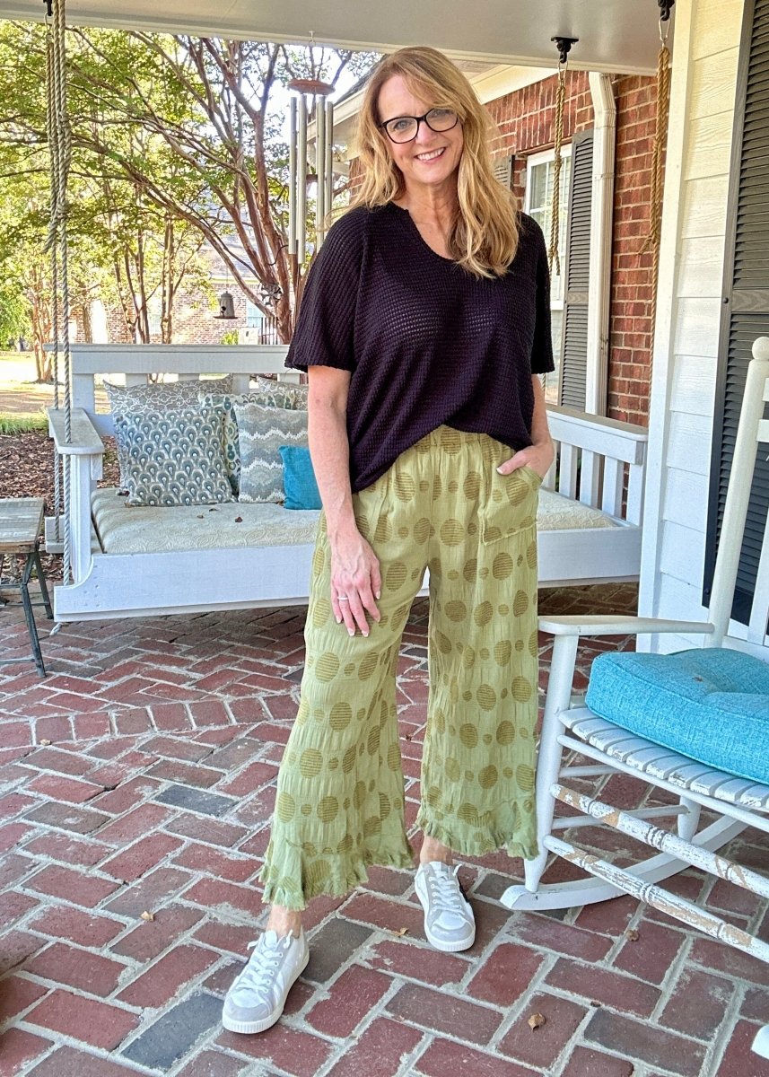 Umgee Solid Dotted Pants - Olive - pants - Jimberly's Boutique - Olive Branch - Mississippi