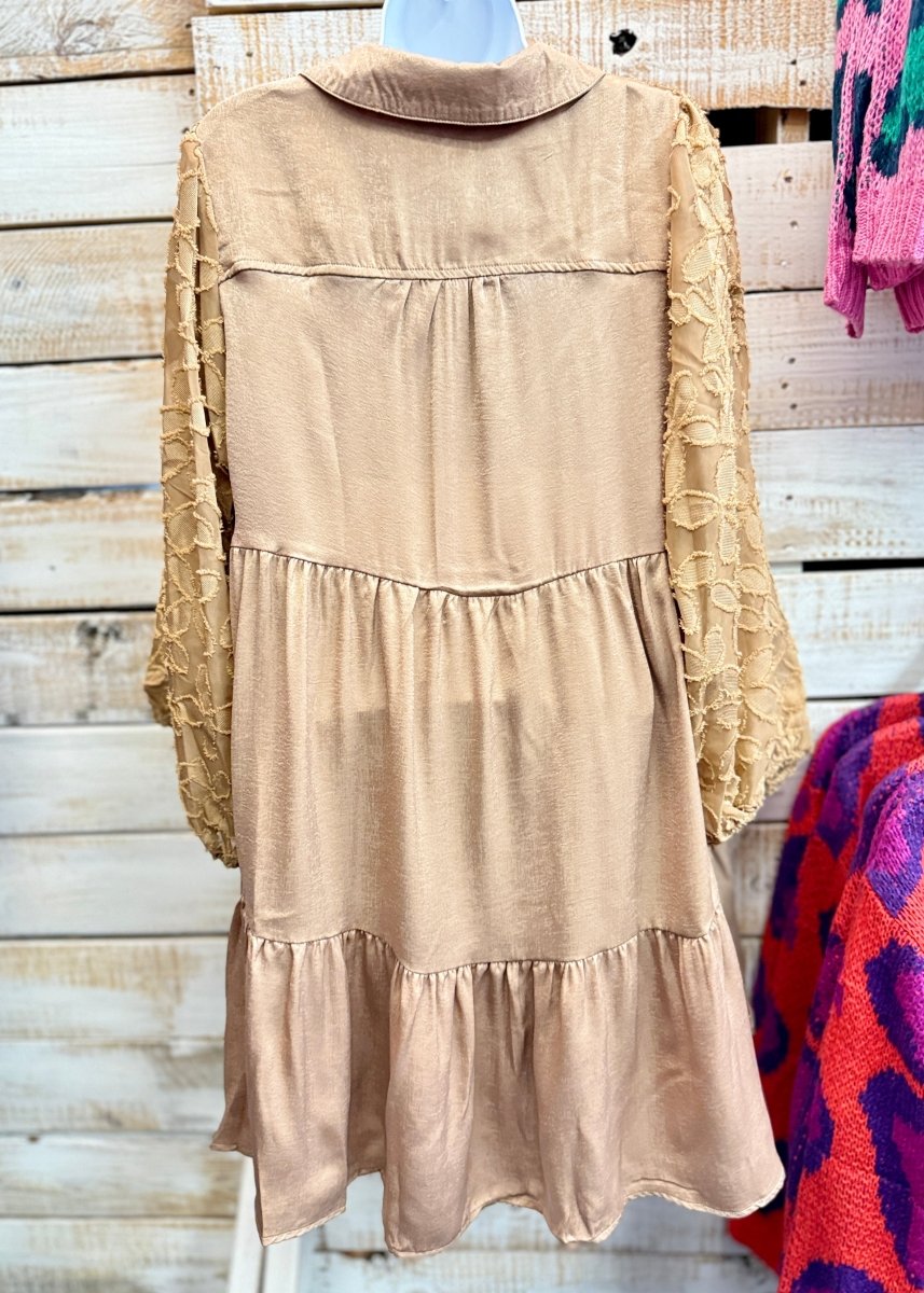 V Neck Satin Tiered Dress - Latte - Umgee Dress - Jimberly's Boutique - Olive Branch - Mississippi
