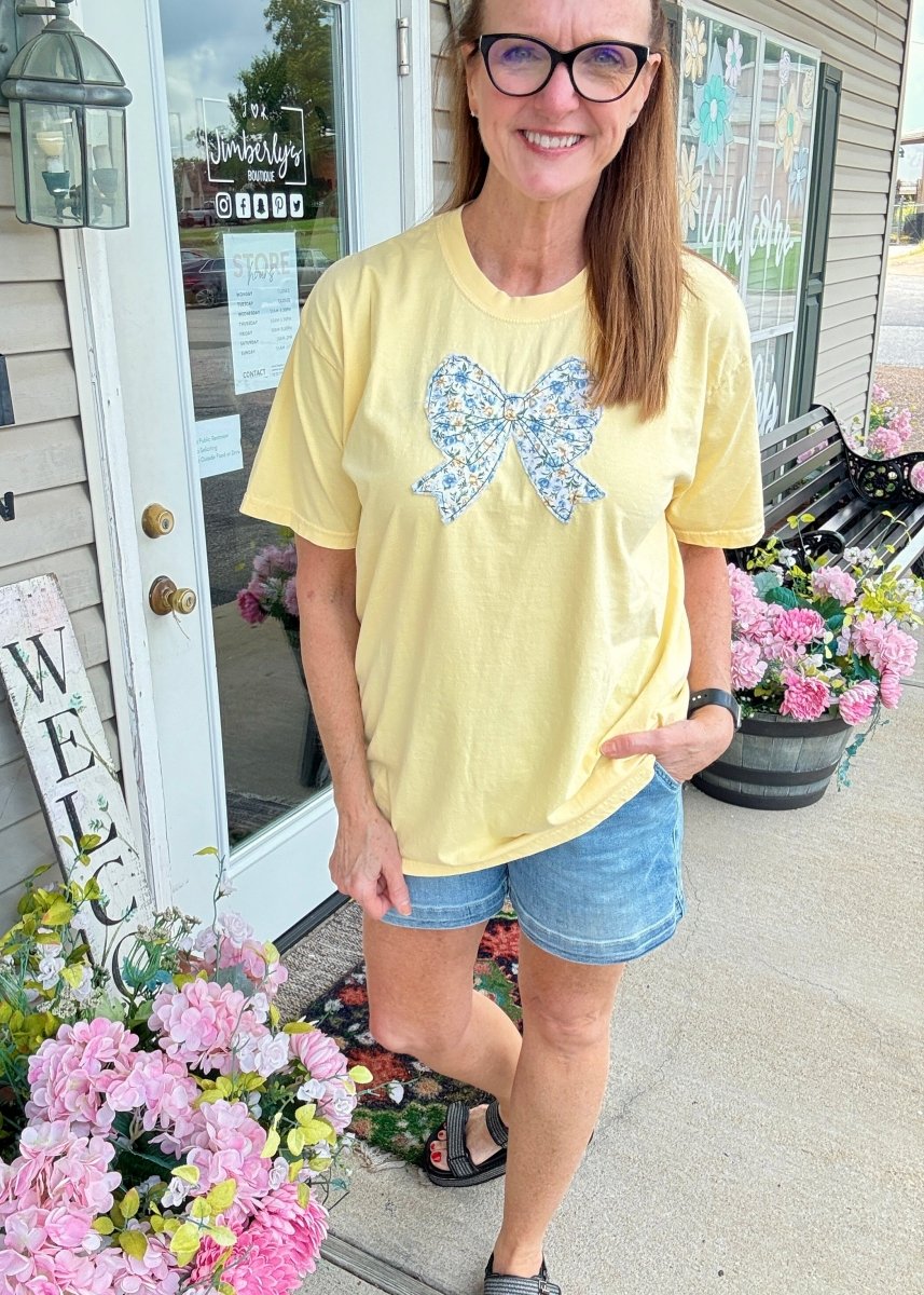 Vintage Bow Applique' T Shirt - Butter - casual t shirt - Jimberly's Boutique - Olive Branch - Mississippi