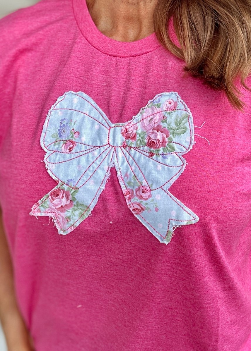 Vintage Bow Applique' T Shirt - Heather Hot Pink | Gildan Softstyle - casual t shirt - Jimberly's Boutique - Olive Branch - Mississippi