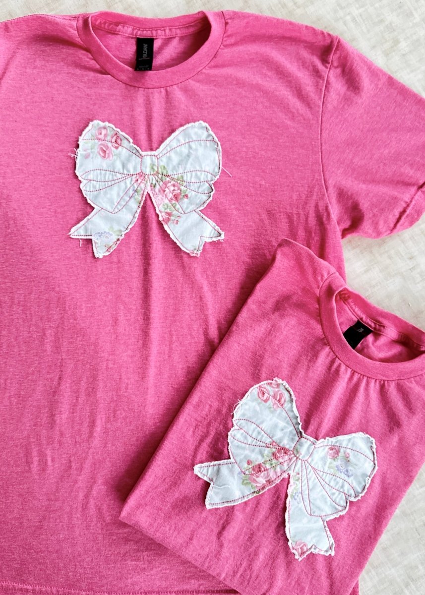 Vintage Bow Applique' T Shirt - Heather Hot Pink | Gildan Softstyle - casual t shirt - Jimberly's Boutique - Olive Branch - Mississippi
