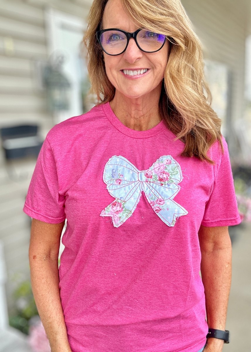 Vintage Bow Applique' T Shirt - Heather Hot Pink | Gildan Softstyle - casual t shirt - Jimberly's Boutique - Olive Branch - Mississippi