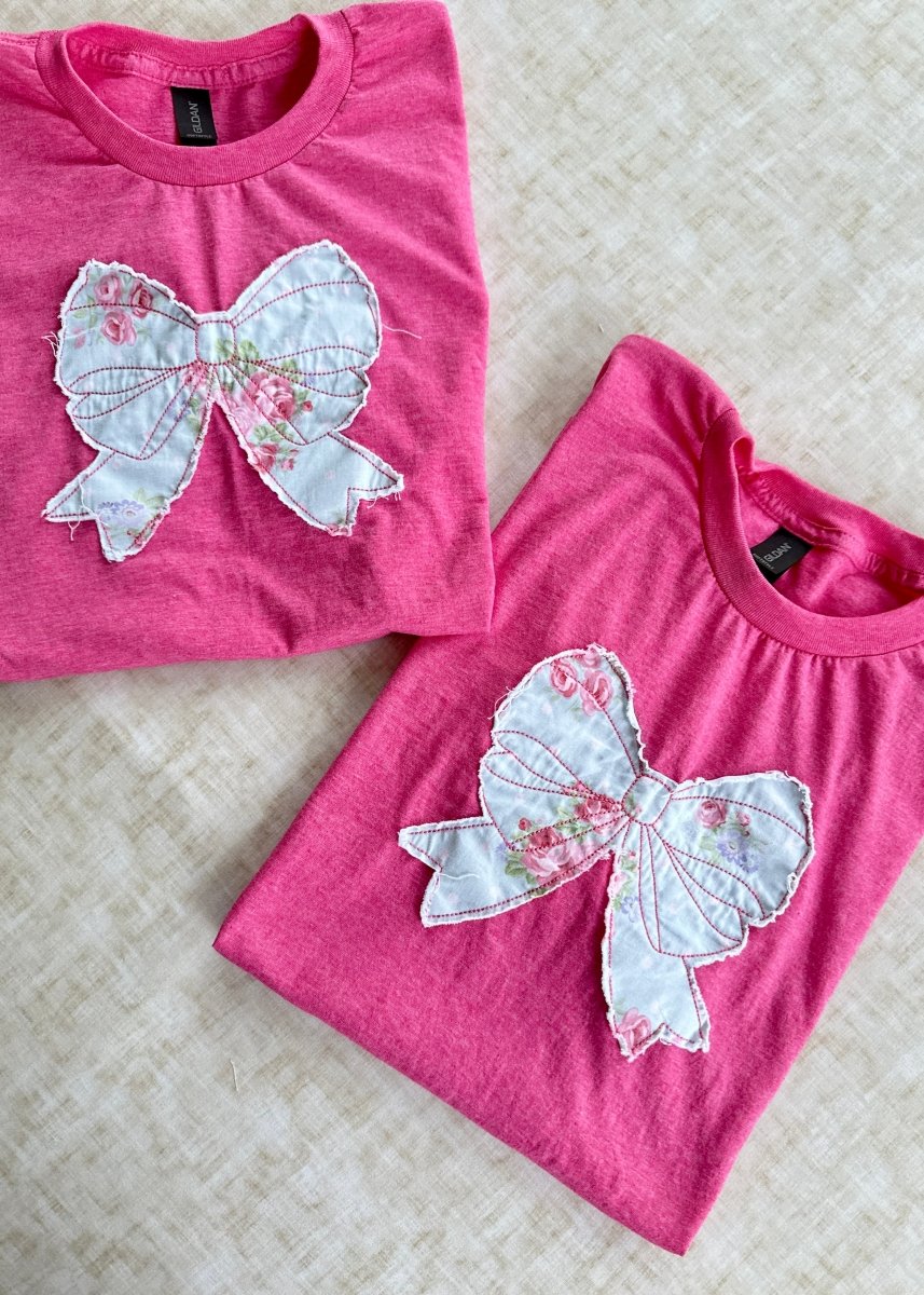 Vintage Bow Applique' T Shirt - Heather Hot Pink | Gildan Softstyle - casual t shirt - Jimberly's Boutique - Olive Branch - Mississippi