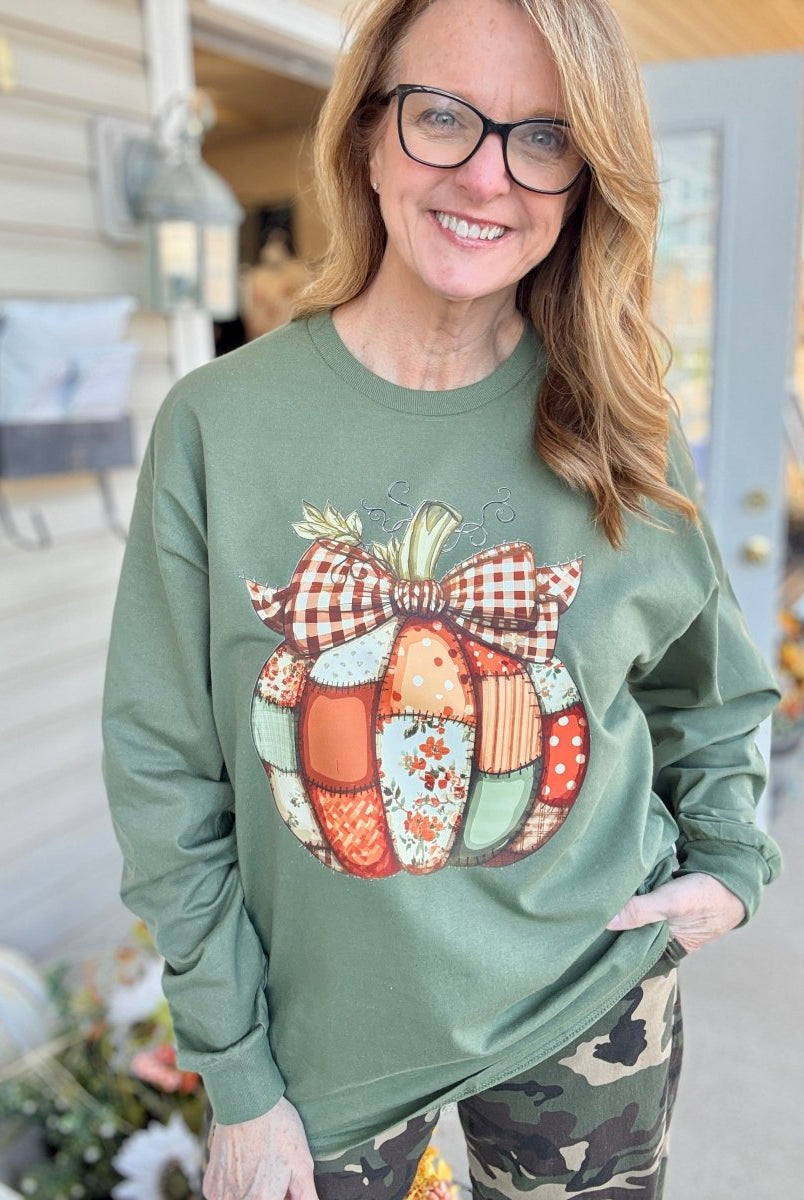 Vintage Patchwork Pumpkin Long Sleeve - Long Sleeve Graphic Tee - Jimberly's Boutique - Olive Branch - Mississippi