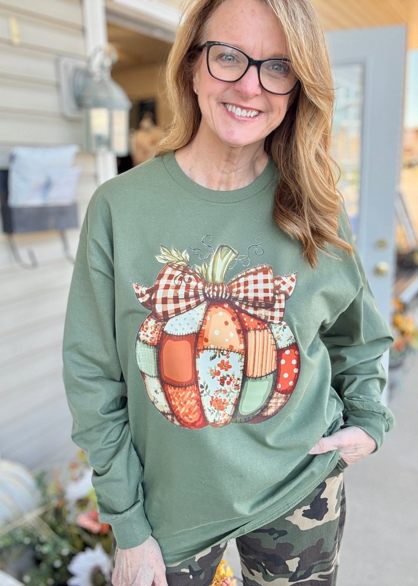 Vintage Patchwork Pumpkin Long Sleeve - Long Sleeve Graphic Tee - Jimberly's Boutique - Olive Branch - Mississippi