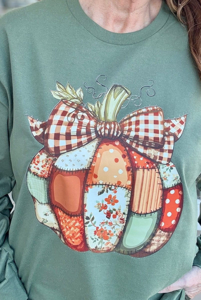 Vintage Patchwork Pumpkin Long Sleeve - Long Sleeve Graphic Tee - Jimberly's Boutique - Olive Branch - Mississippi