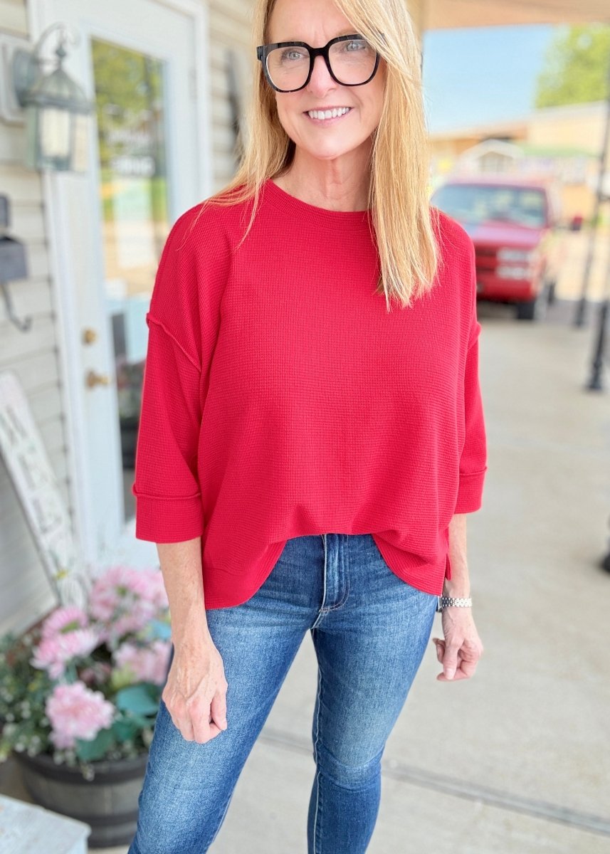 Waffle Knit 3/4 Sleeve Top - Red | Zenana - Casual Top -Jimberly's Boutique-Olive Branch-Mississippi