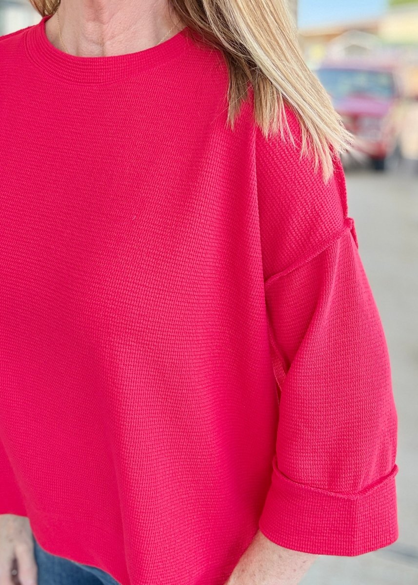 Waffle Knit 3/4 Sleeve Top - Red | Zenana - Casual Top -Jimberly's Boutique-Olive Branch-Mississippi