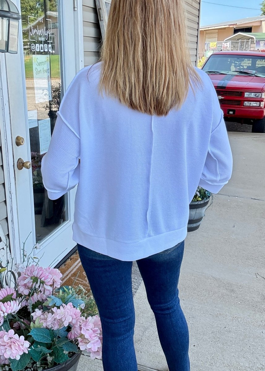 Waffle Knit 3/4 Sleeve Top - White | Zenana - Casual Top -Jimberly's Boutique-Olive Branch-Mississippi