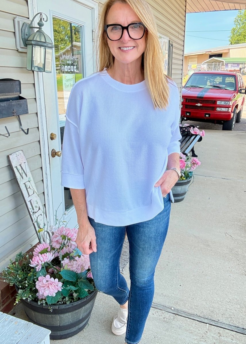 Waffle Knit 3/4 Sleeve Top - White | Zenana - Casual Top -Jimberly's Boutique-Olive Branch-Mississippi