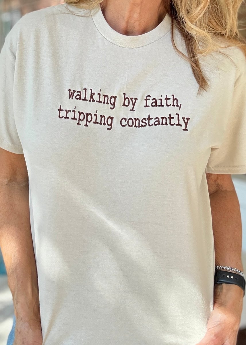 Walking By Faith Embroidered | Tan w/Brown T Shirt - sweatshirt - Jimberly's Boutique - Olive Branch - Mississippi