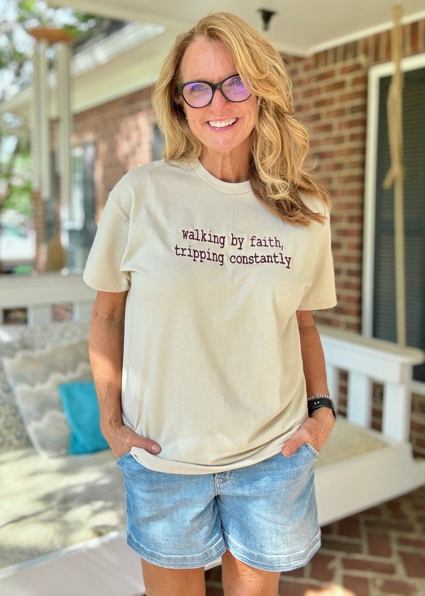 Walking By Faith Embroidered | Tan w/Brown T Shirt - sweatshirt - Jimberly's Boutique - Olive Branch - Mississippi