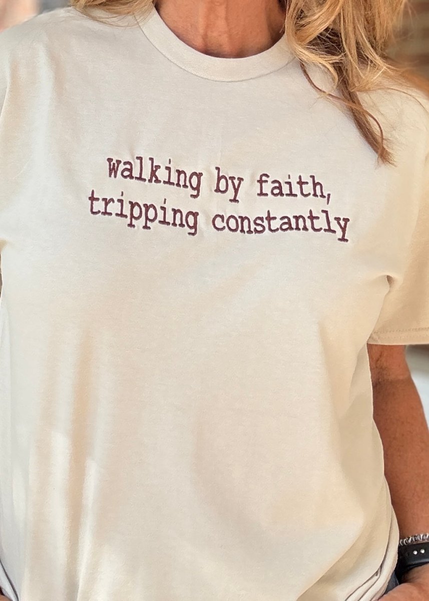 Walking By Faith Embroidered | Tan w/Brown T Shirt - sweatshirt - Jimberly's Boutique - Olive Branch - Mississippi
