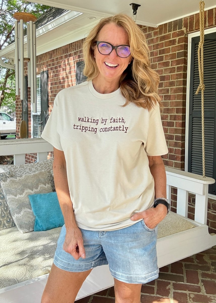 Walking By Faith Embroidered | Tan w/Brown T Shirt - sweatshirt - Jimberly's Boutique - Olive Branch - Mississippi