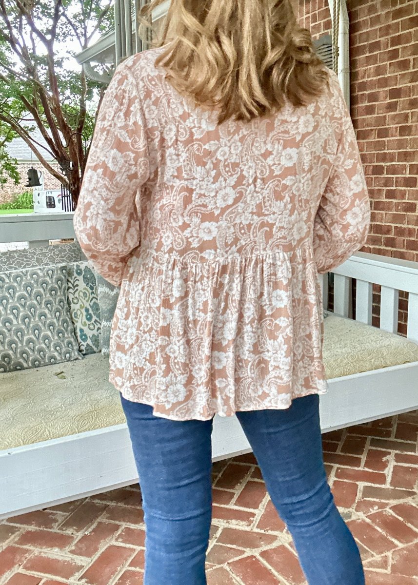Whisked Away Floral V Neck Peplum Top - Peach - Shirts & Tops - Jimberly's Boutique - Olive Branch - Mississippi