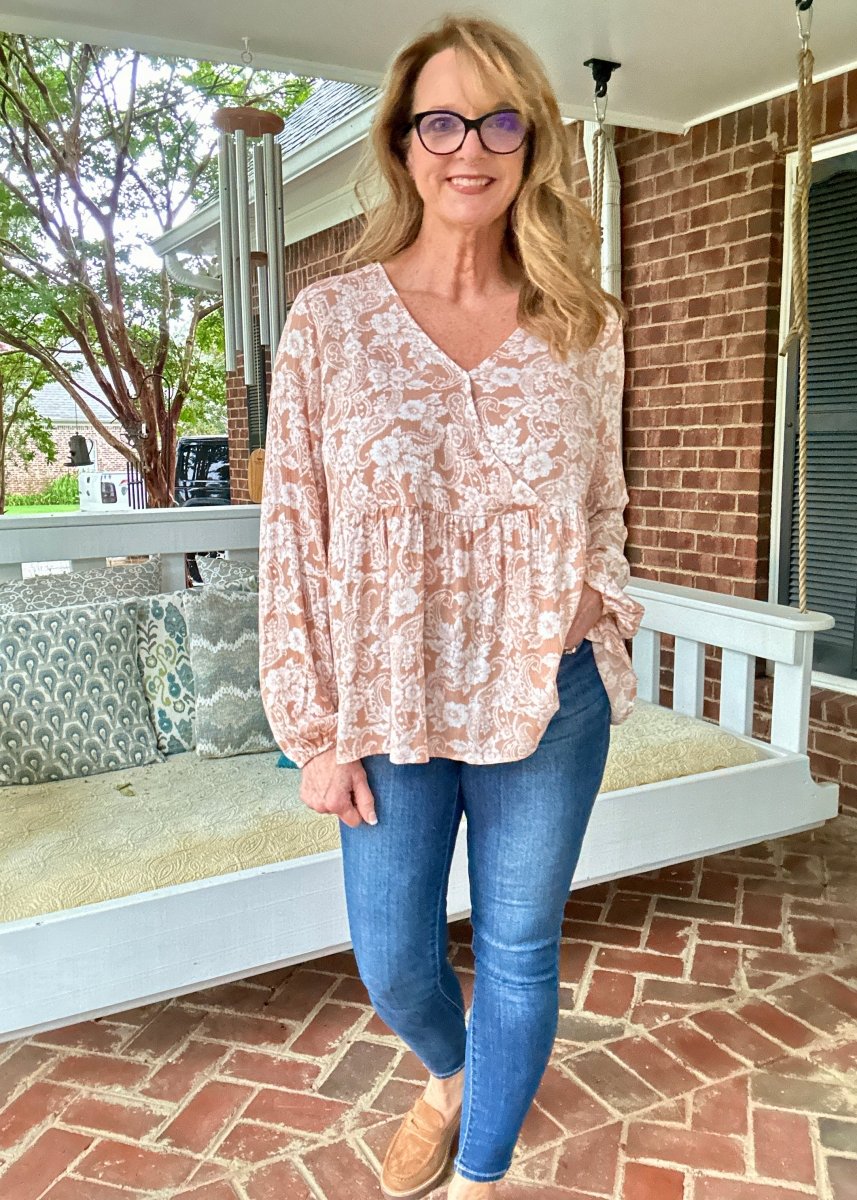 Whisked Away Floral V Neck Peplum Top - Peach - Shirts & Tops - Jimberly's Boutique - Olive Branch - Mississippi