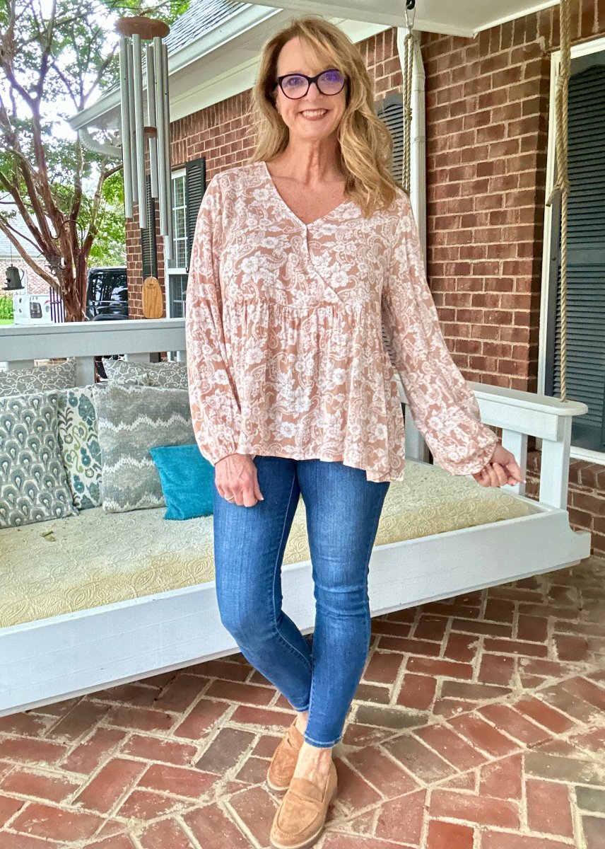 Whisked Away Floral V Neck Peplum Top - Peach - Shirts & Tops - Jimberly's Boutique - Olive Branch - Mississippi