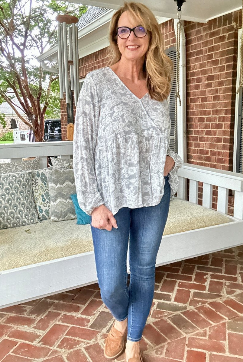 Whisked Away Floral V Neck Peplum Top - Silver - Shirts & Tops - Jimberly's Boutique - Olive Branch - Mississippi